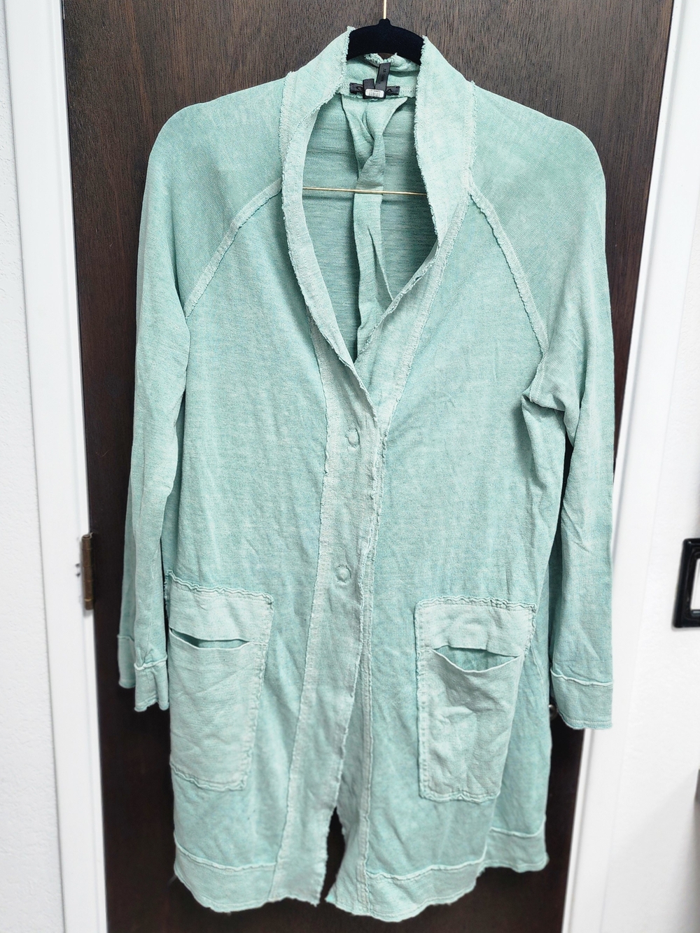 OSKA Lagenlook Heather Green Raw Edge Hemp Knit Cardigan Duster M-L (3)